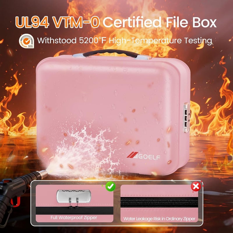 GOELF Fireproof Document Box with Lock, 5200°F Fireproof Water Resistant Hard Case File Organizer Safe Box for Important Documents, Certificates, Laptop, Passports (Pink) - Image 3